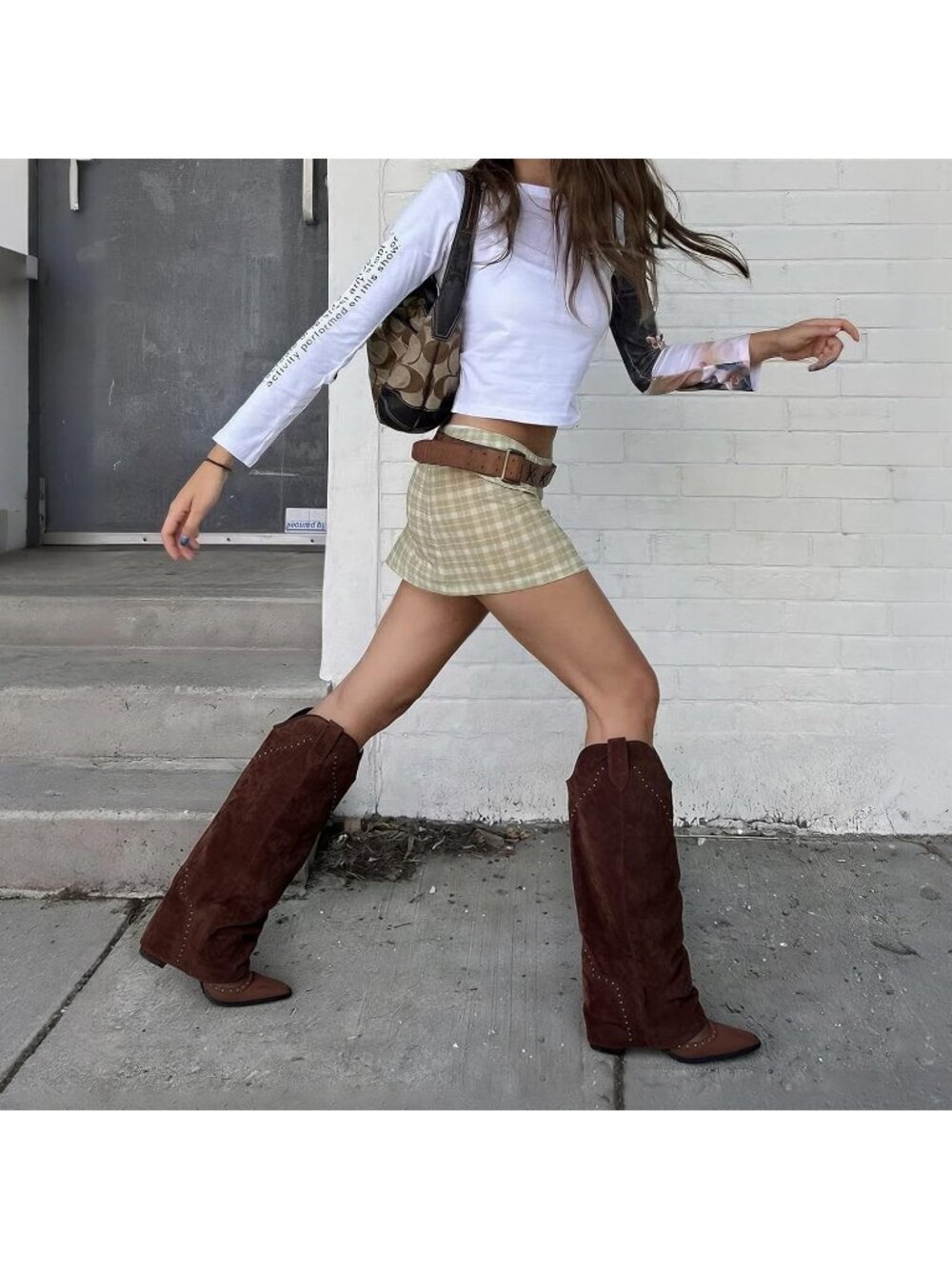 Women's Chocolate Shark Studded Fold Over Knee High Boots Tall Pull On Snip Toe - Picture 3 of 6